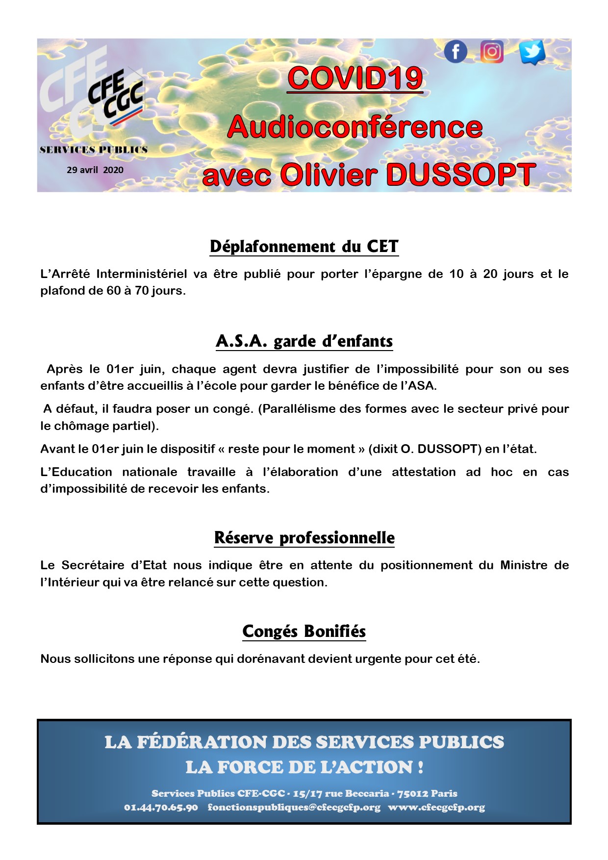COVID19 - CFE-CGC SP - AUDIOCONFERENCE DUSSOPT