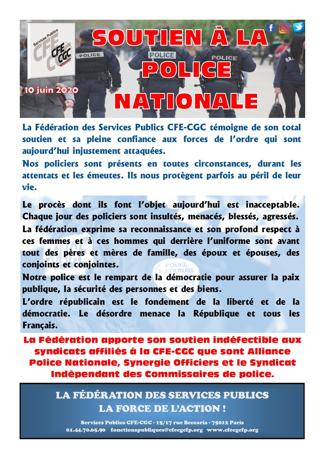 La Fédération des Services Publics CFE-CGC témoigne son soutien à la Police Nationale