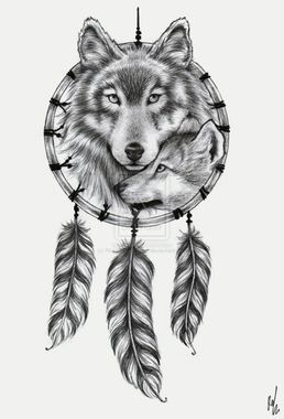 Dreamcatcher wolf head tattoo design idea