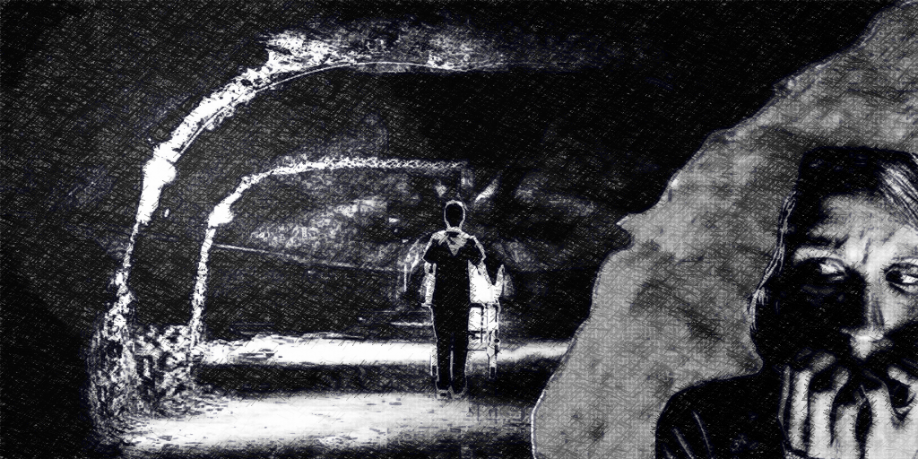 Entree grotte angoisse lumiere allumee nb