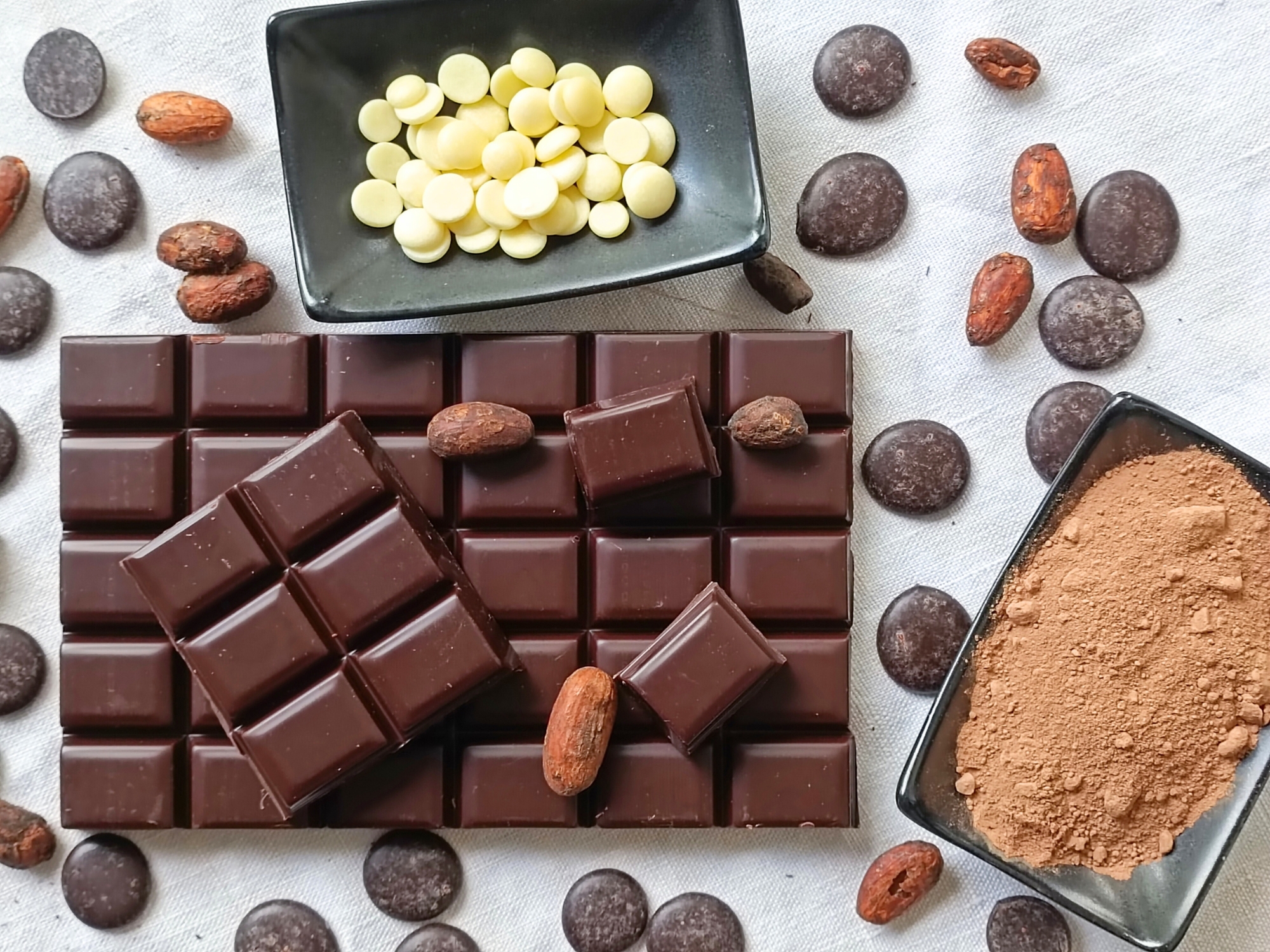 Produits à base de cacao : fèves de cacao, pâte de cacao, cacao en poudre, beurre de cacao, chocolat noir