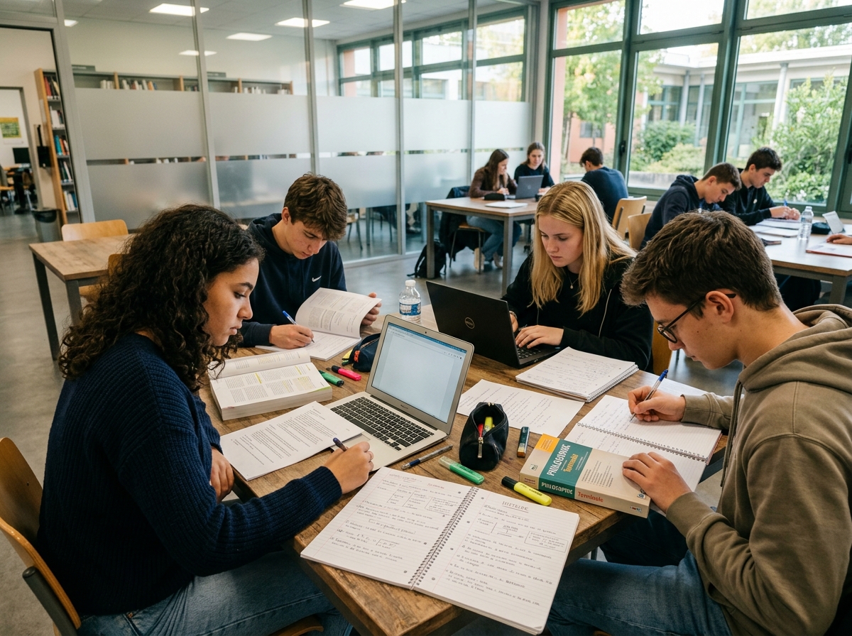 Élèves préparant le baccalauréat en salle d’étude