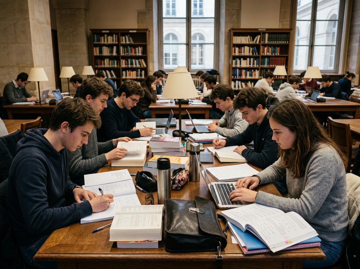 Étudiants de classe préparatoire en travail intensif à la bibliothèque