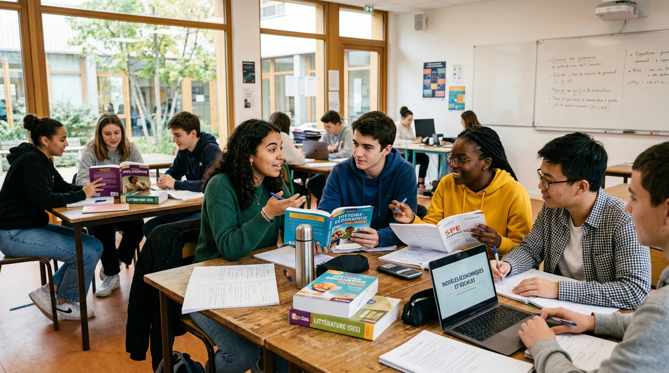 Élèves en classe préparant le baccalauréat général et les enseignements de spécialité