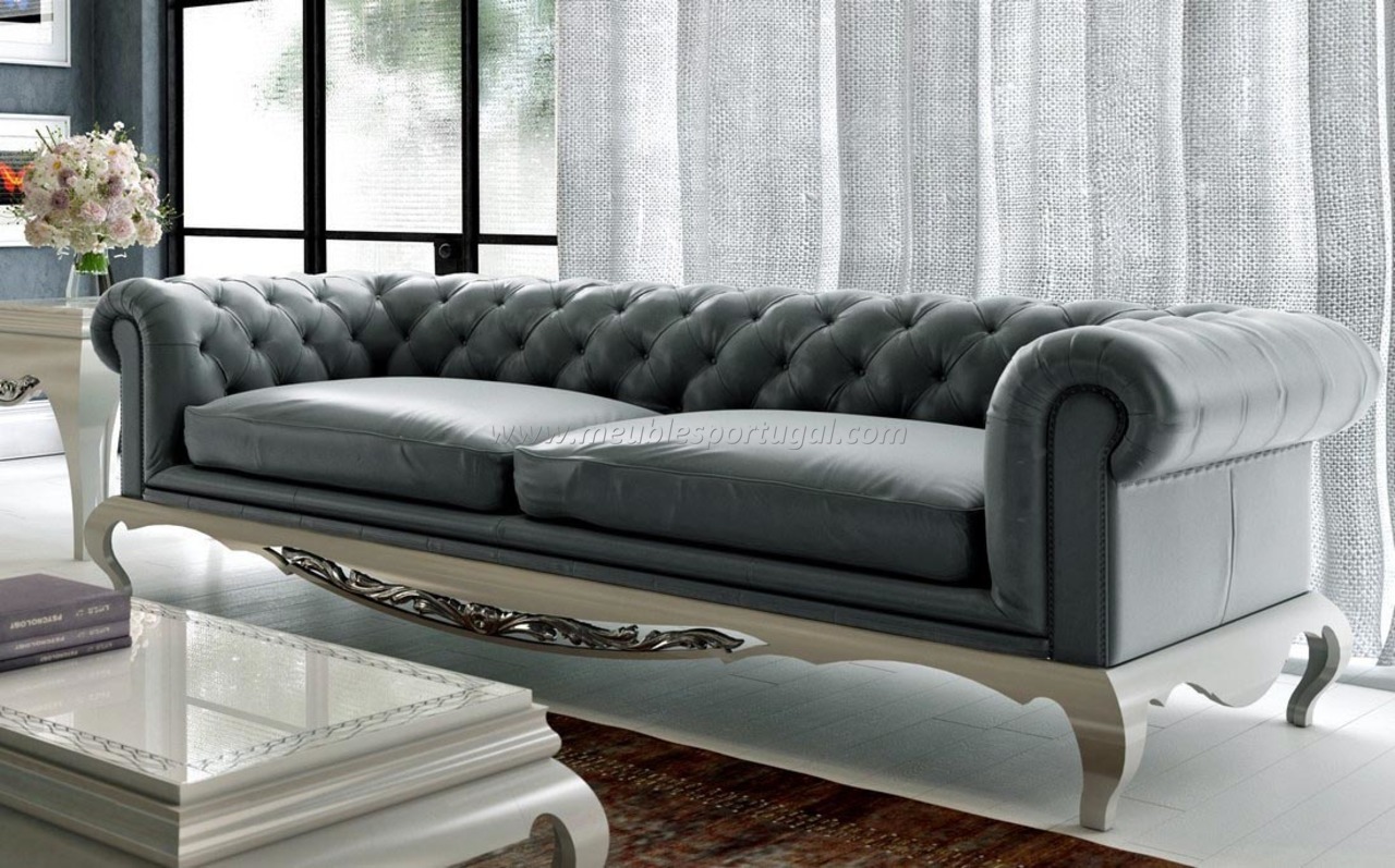 Canape chesterfield tissu gris