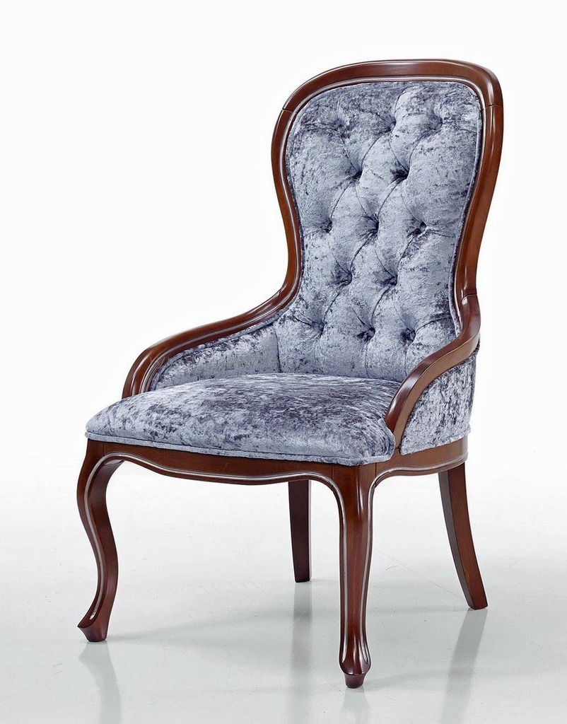 Fauteuil en bois de merisier et tissu violet capitonne