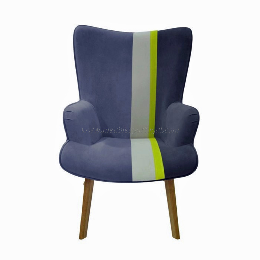 Fauteuil en velours gris et bleu avec des traits