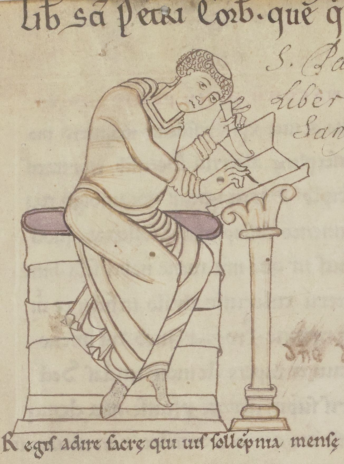 Moine assis à son écritoire, Manuscrit copié à l'Abbaye royale Saint-Pierre de CORBIE / Titre :  Paschasius Radbertus, De corpore et sanguine Domini / Auteur :  Paschasius Radbertus / Date d'édition :  1101-1120 / Type :  manuscrit / Langue :  latin / Droits :  domaine public / Provenance :  Bibliothèque nationale de France / Source : site gallica.bnf.fr, Bibliothèque nationale de FRANCE