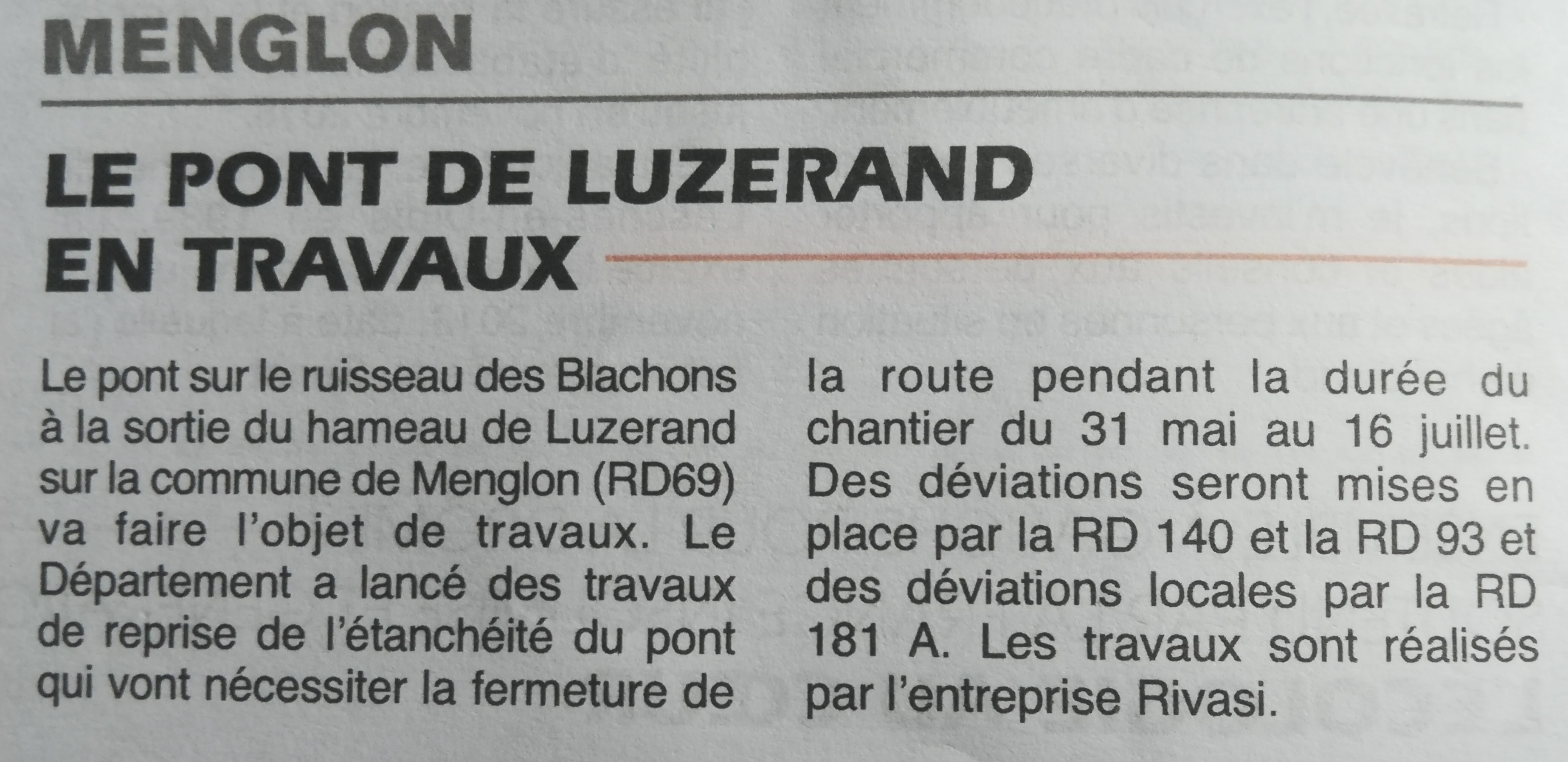 Le pont de Luzerand en travaux