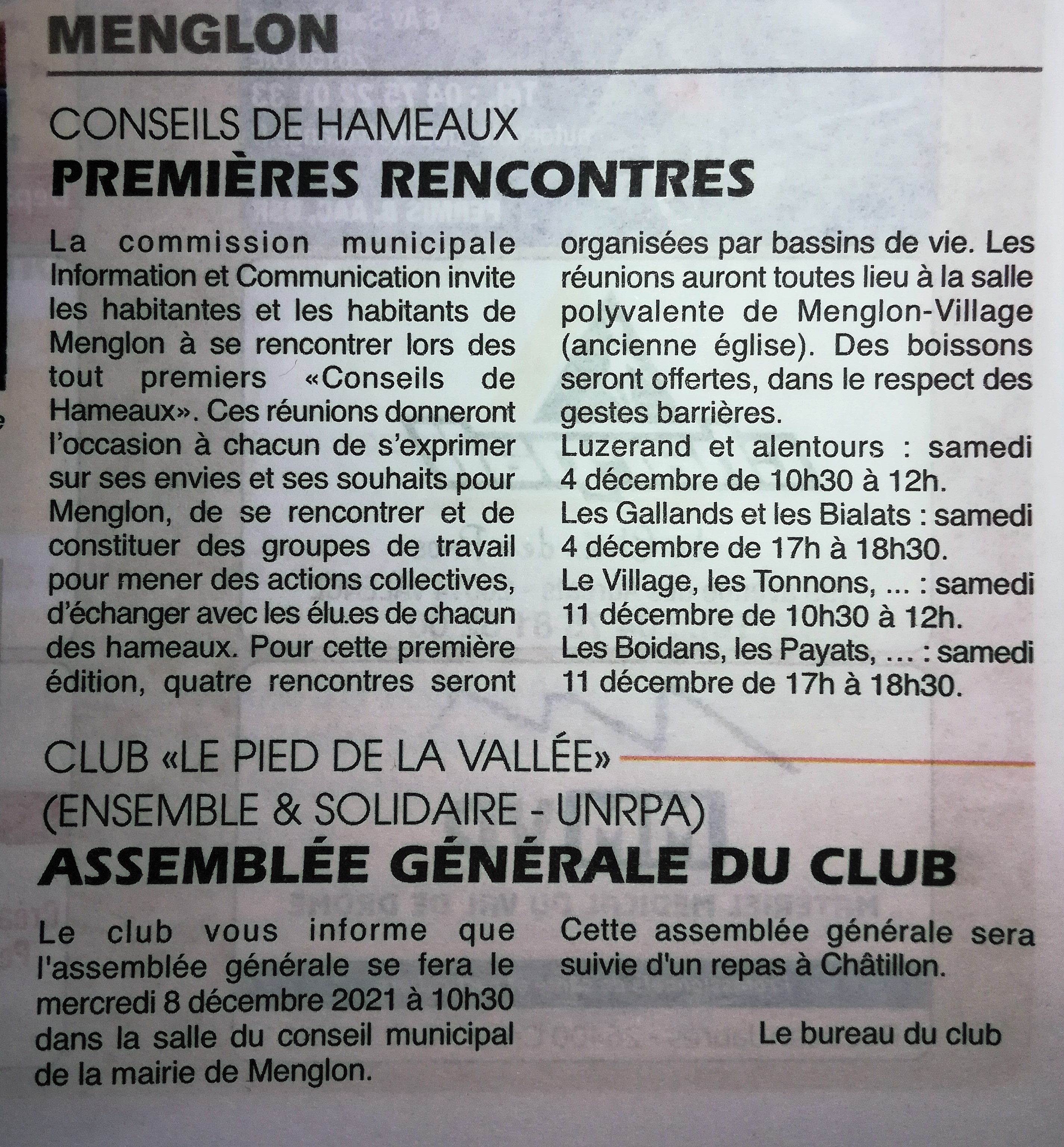 Conseils des hameaux / Club "Le Pied de la Vallée"