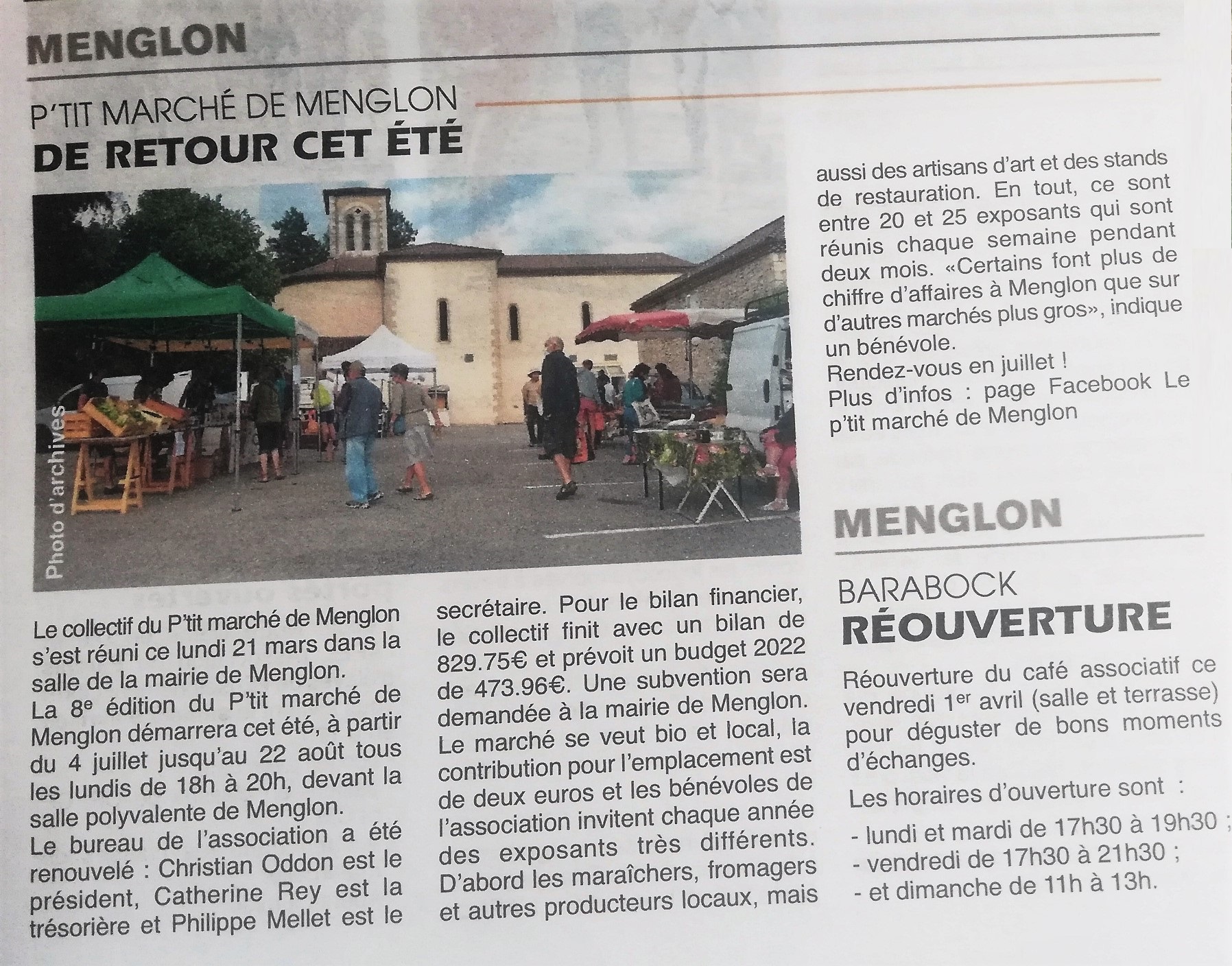 P'tit marché de Menglon / Réouverture du Barabock