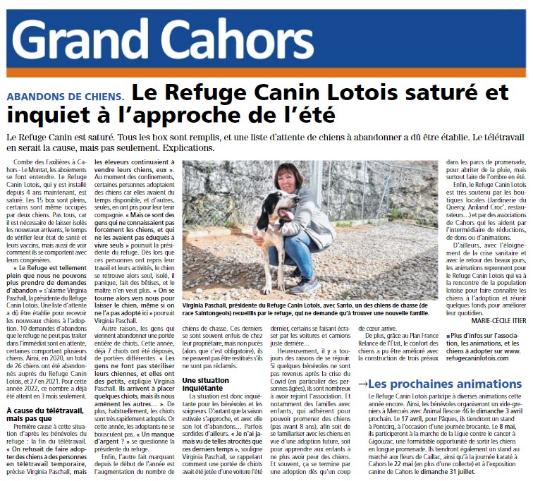 2022.03.30 La Vie Quercynoise 'Le refuge est saturé'