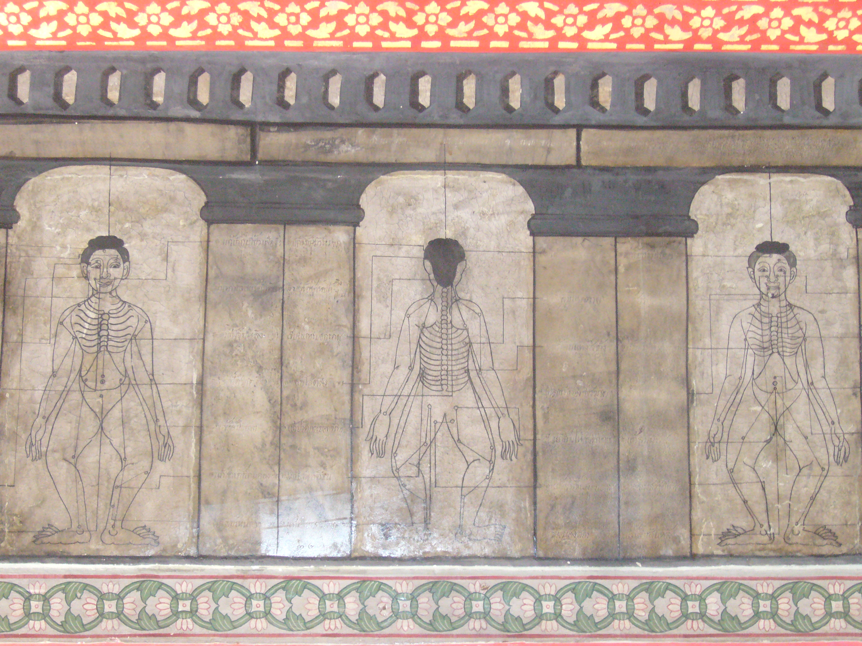 Représentation des lignes énergétiques (temple Wat Pho, Bangkok, Thaïlande).