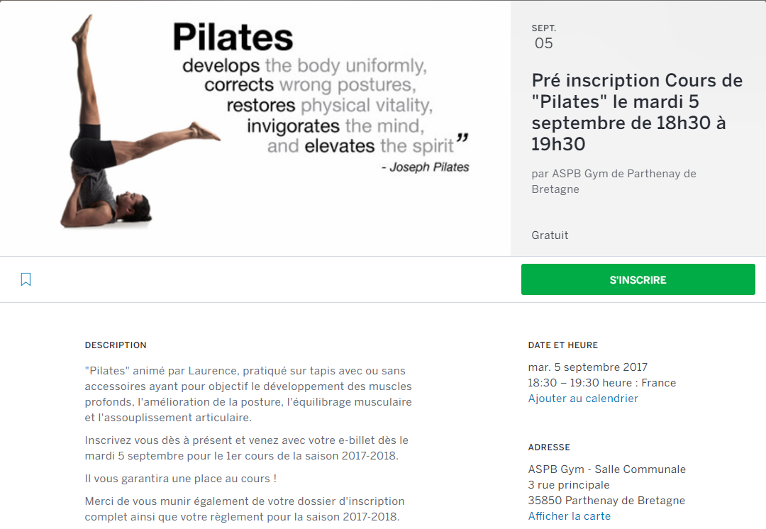 Billet preinscription Pilates Adultes 2017 2018