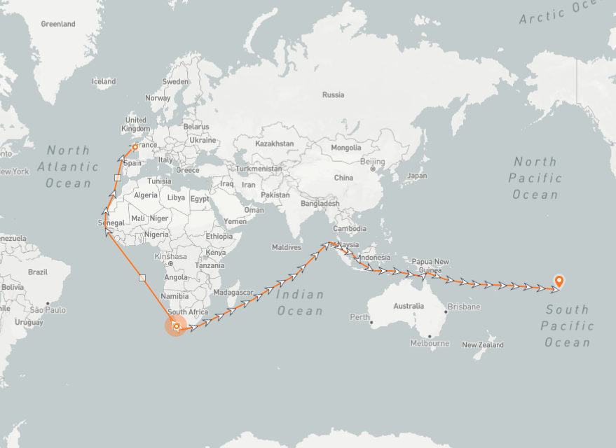 Carte schématique du parcours d'Arzal-Camoël à Tahiti