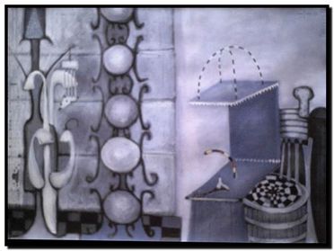 Peinture surrealiste de l’artiste peintre André Vereecken réalisée vers 1980. Surrealistisch schilderij van schilder André Vereecken gemaakt rond 1980. - 1980 (circa).52 - DIAPO