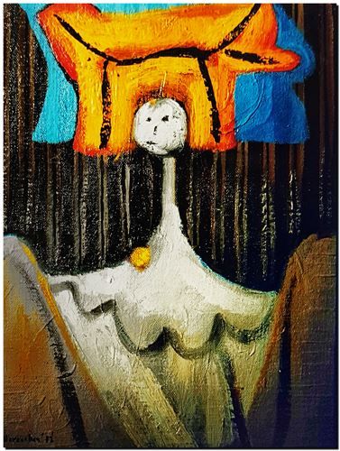 Peinture surrealiste de l’artiste peintre André Vereecken réalisée vers 1980. Surrealistisch schilderij van schilder André Vereecken gemaakt rond 1980. - 1980.05 - PHOTO (alb6)