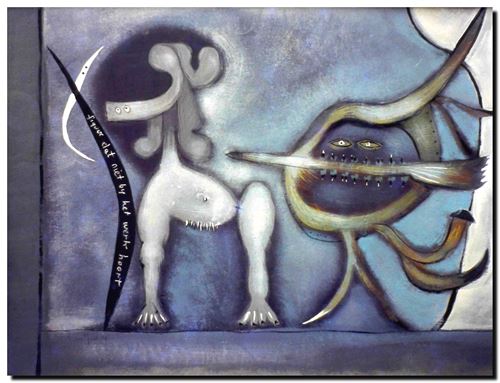 Peinture du peintre flamand André Vereecken réalisée en 1984. Schilderij van de Vlaamse kunstschilder André Vereecken gemaakt in 1984.- 1984.05A Figuur dat niet bij het werk hoort - DIAPO