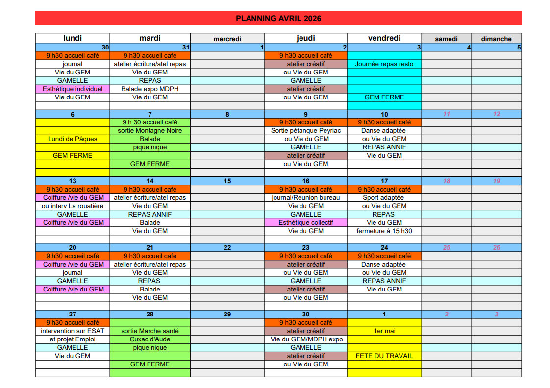 Planning avril 2026 gem carcassonne
