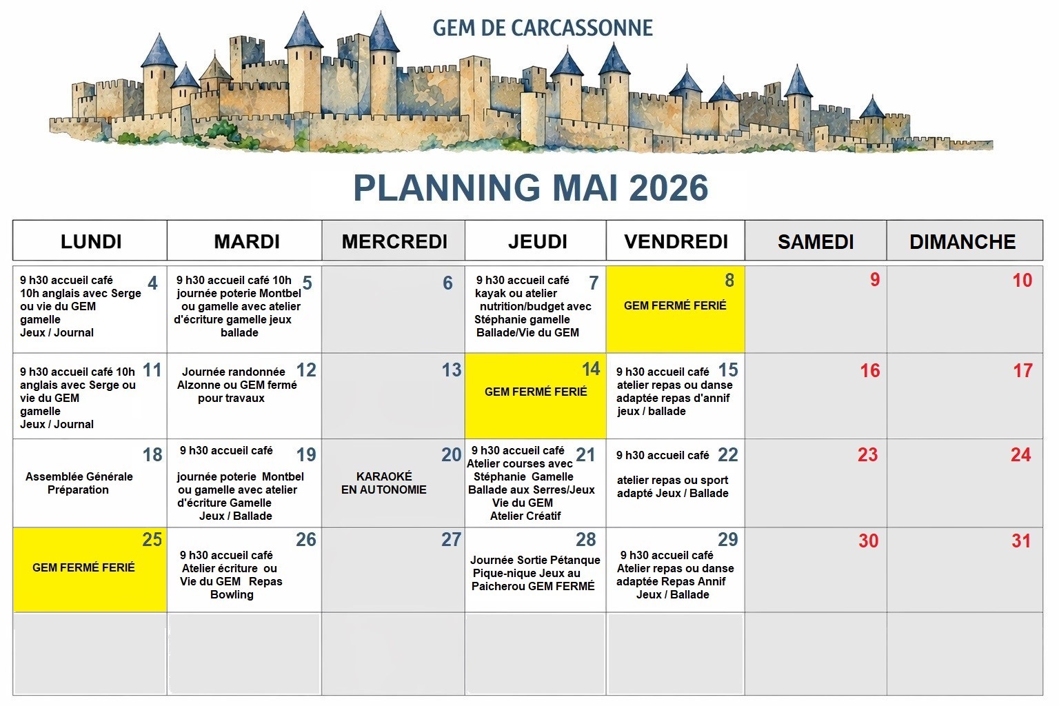 Carcassonne planning mai mai 2026