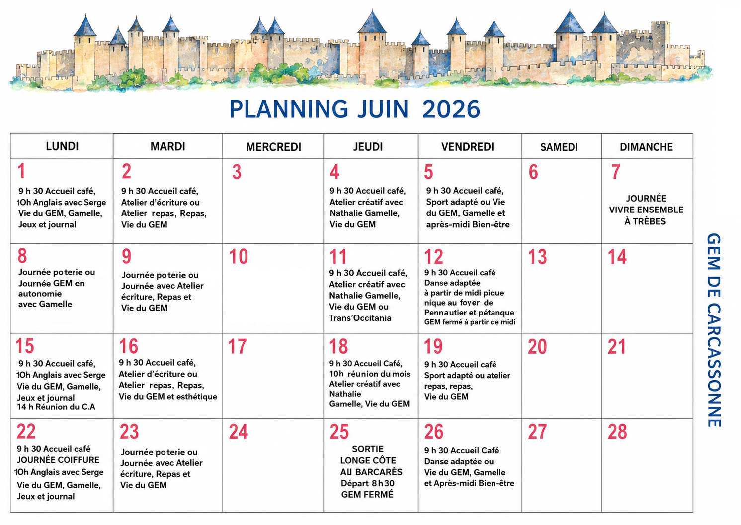 Planning juin 2026 carcassonne