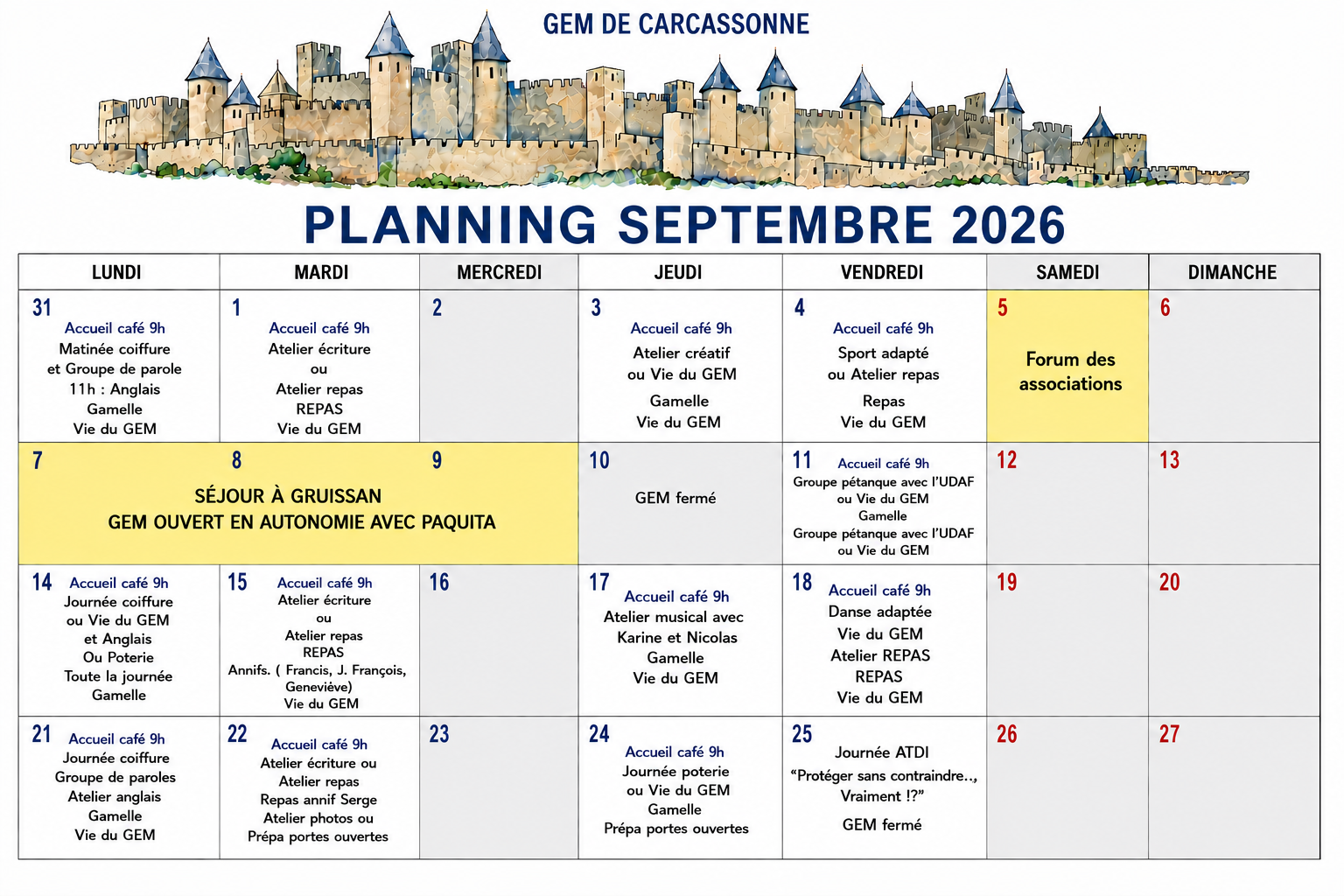 Planning gem carcassonne septembre 2026 mis a jour
