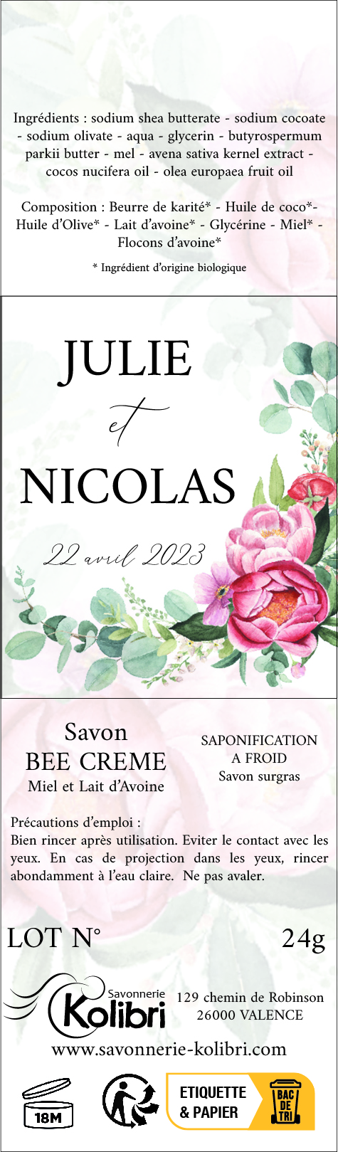 Etiquette personnalisée de savon invité 25g