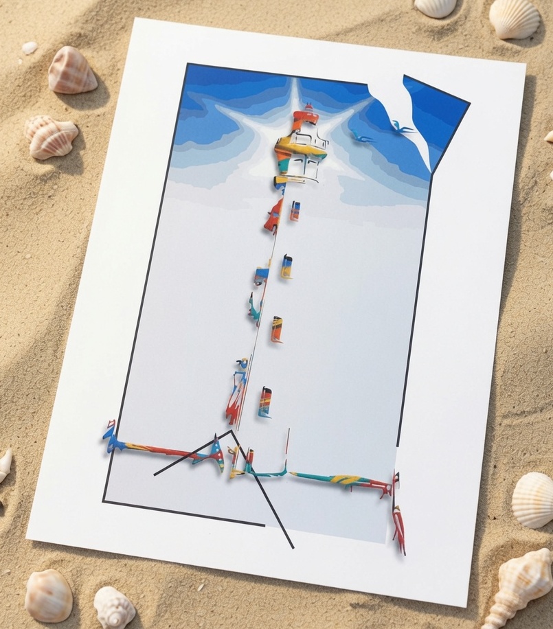 Impression d'art minimaliste du Phare des Baleines de l'Île de Ré sans cadre, posée sur le sable avec des coquillages. Illustration stylisée avec ciel bleu ondulé, oiseaux et faisceaux de lumière orange et jaune par l'artiste SELESTICA.
