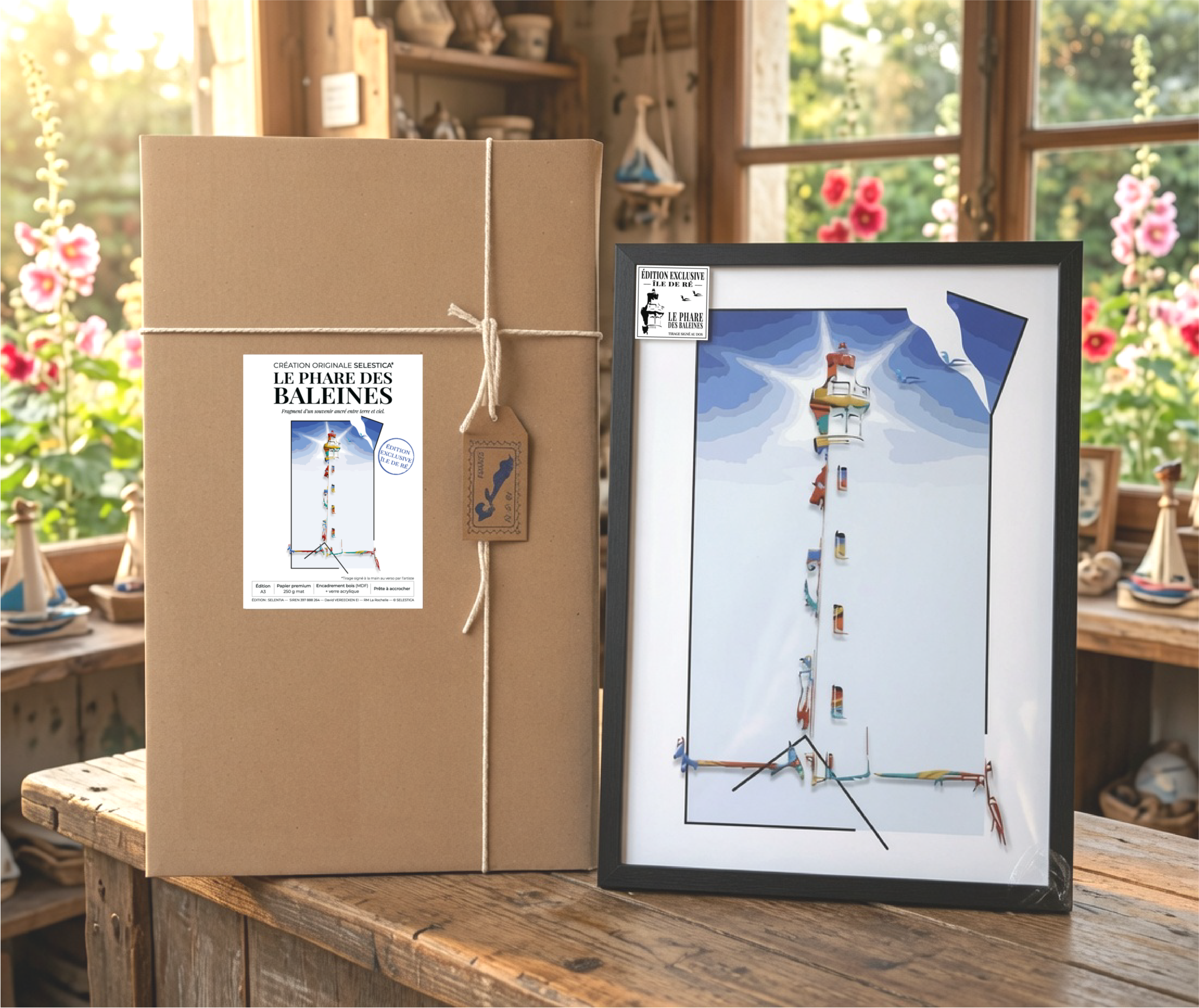 Présentation des finitions de l'œuvre : boîte en carton Écrin de Voyage avec ficelle en coton et étiquette, à côté du cadre noir de l'Édition Exclusive Île de Ré du Phare des Baleines, posés sur une table en bois. En arrière-plan, vue sur un jardin avec des roses trémières.
