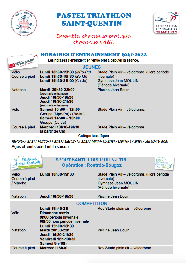 Horaires Entrainements