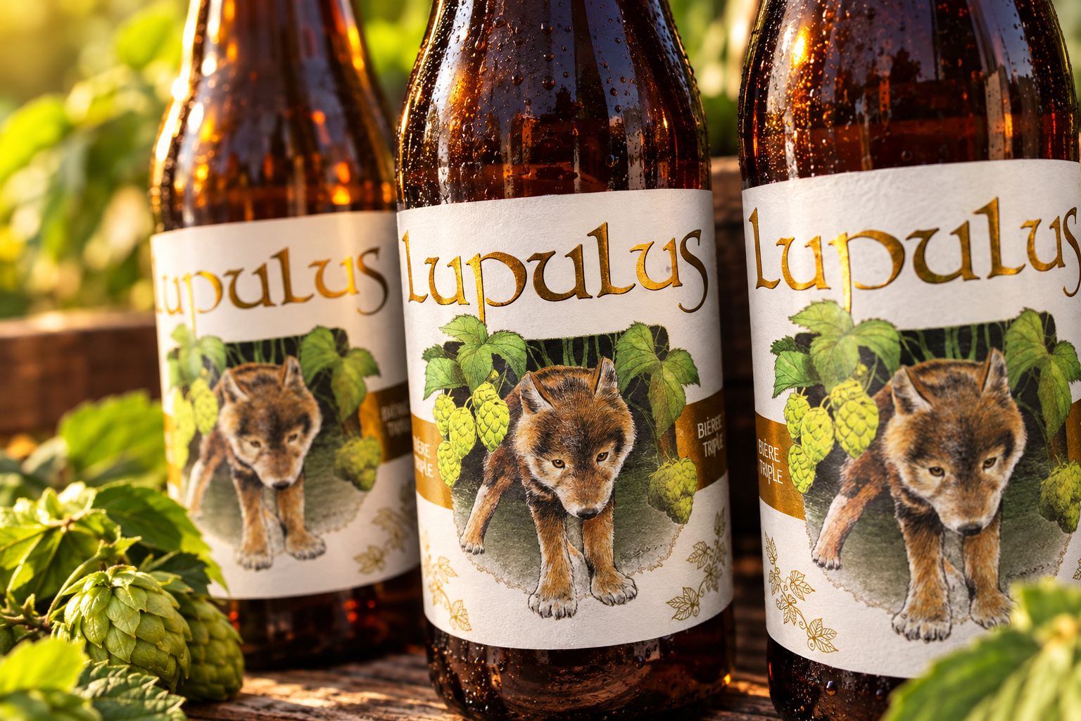 Bouteilles lupulus parmi les houblons