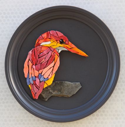 mosaique - tableau - colibri - oiseau - plumes - cadre - rond- gris - verre - bird - oiseau mosaïque - ora mosaiques.