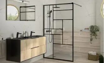 Salle d'eau moderne avec meuble vasque et douche à l'italienne.