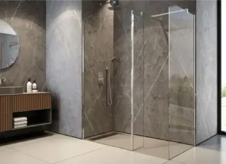 Salle d'eau moderne avec meuble vasque et douche à l'italienne.