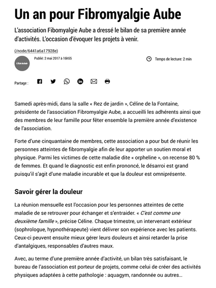 Un an pour Fibromyalgie Aube : Article du journal L'Est Eclair du 02 mai 2017, sur l'Association Fibromyalgie Aube pour la Journée Mondiale de la Fibromyalgie. 