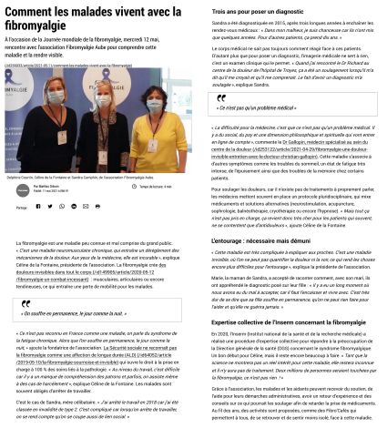 Comment les malades vivent avec la fibromyalgie : Article du journal L'Est Éclair du 11 mai 2021 sur l'Association Fibromyalgie Aube pour la Journée Mondiale de la Fibromyalgie.