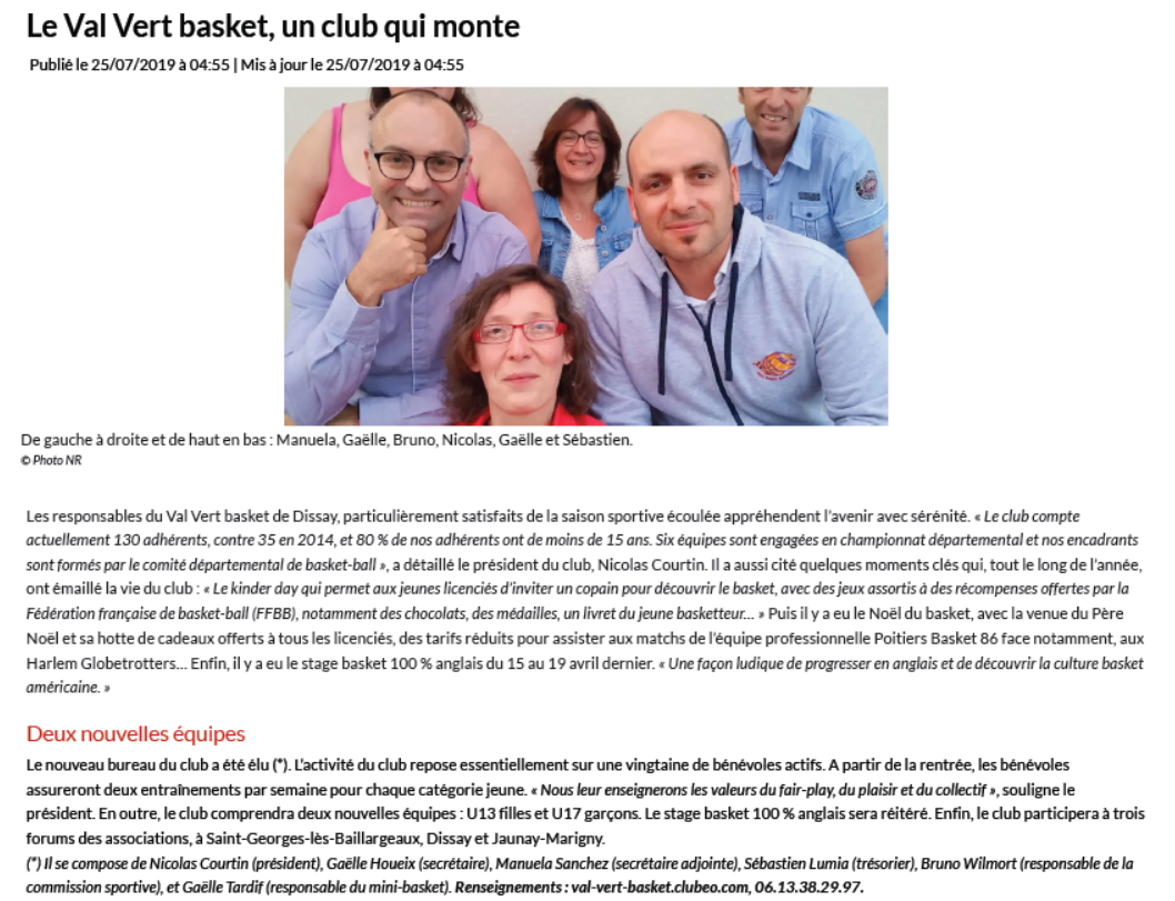 Le val vert basket un club qui monte 2019