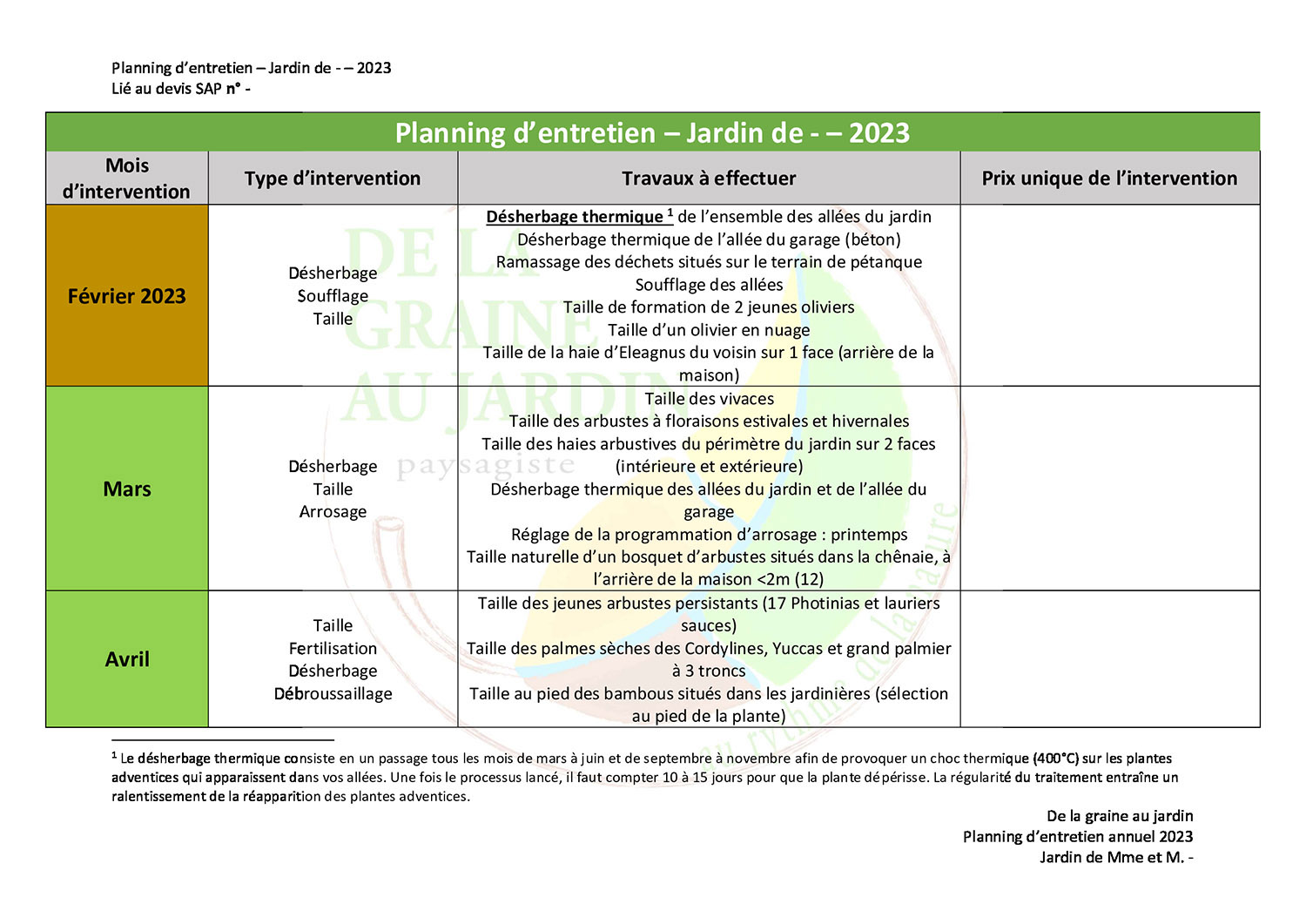 Exemple de planning d'entretien annuel pour votre jardin. Ce calendrier de travaux sert de feuille de route en plus de votre devis d'entretien annuel de jardin.