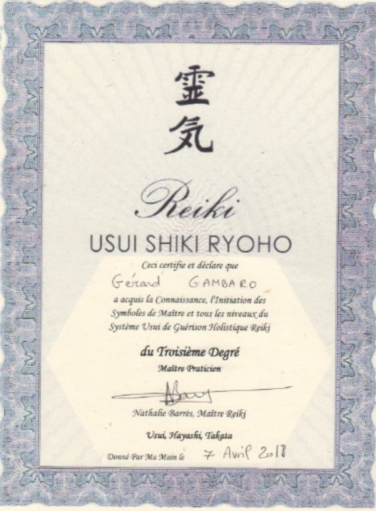 Attestation initiation reiki 3 gerard gambaro reiki connexion