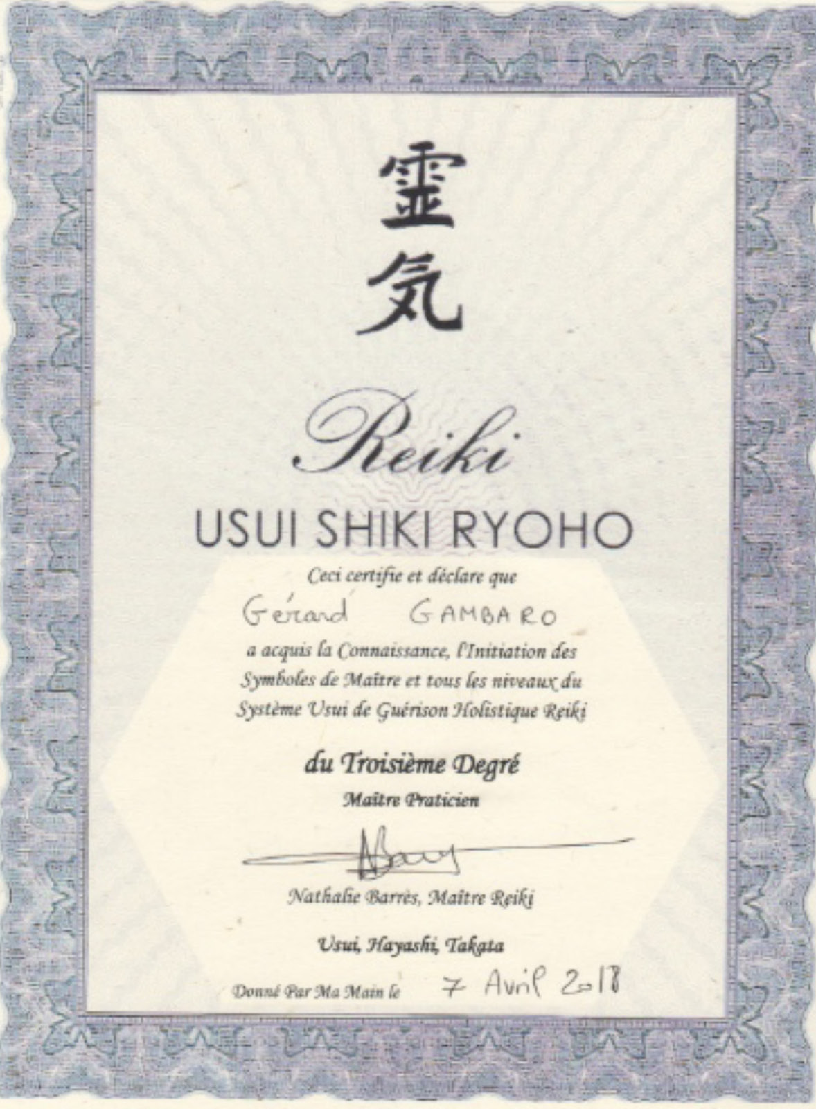 Attestation initiation reiki 3 gerard gambaro reiki connexion