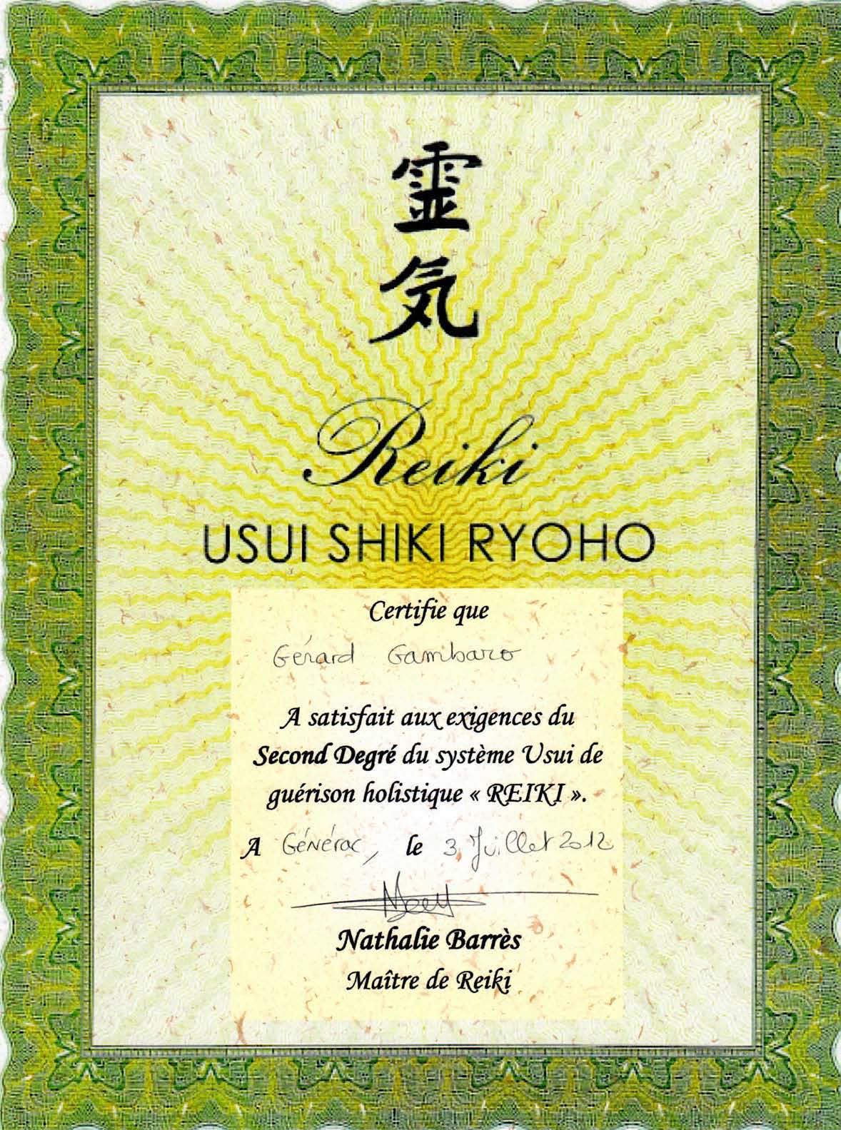 Attestation initiation reiki 2 gerard gambaro reiki connexion