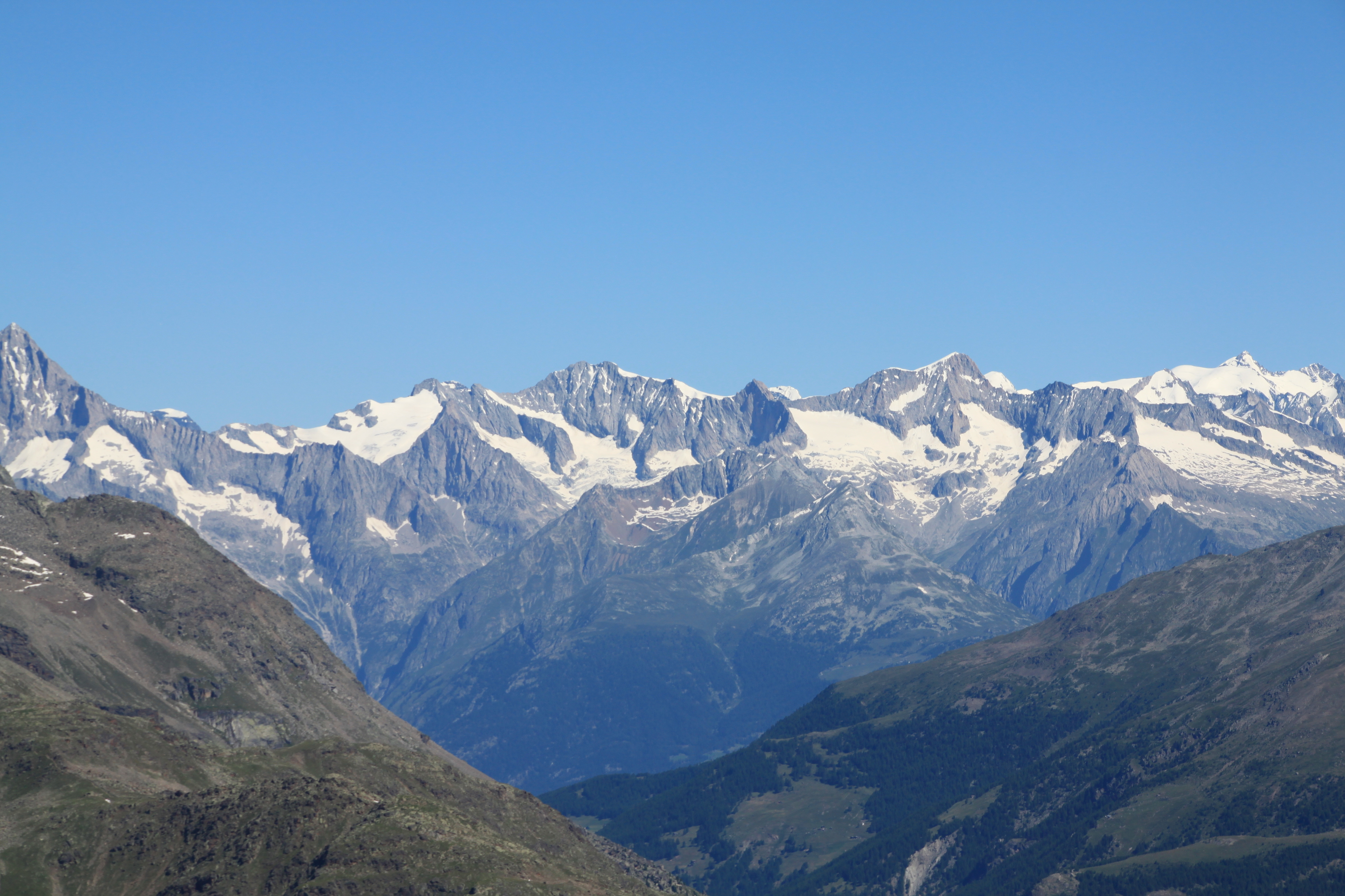 Plan rapproché des Alpes bernoises depuis le chemin menant à la cabane Britannia