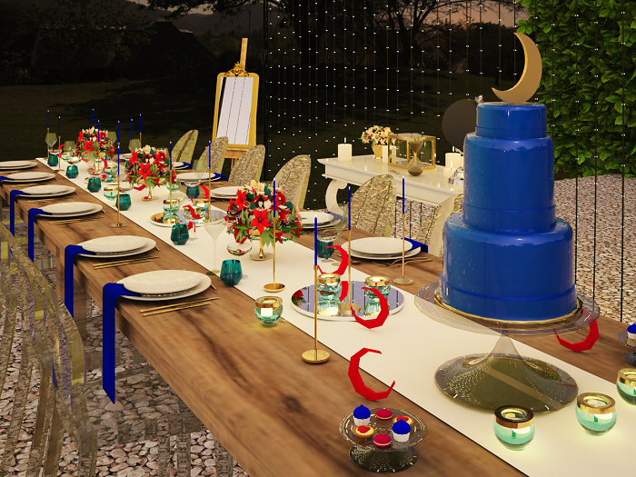 Mariage sous les etoiles table et arche gateau