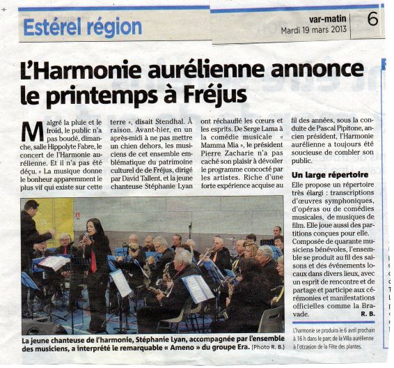 Var-matin du 19 mars 2013 : "l'Harmonie aurélienne annonce le printemps à Fréjus"