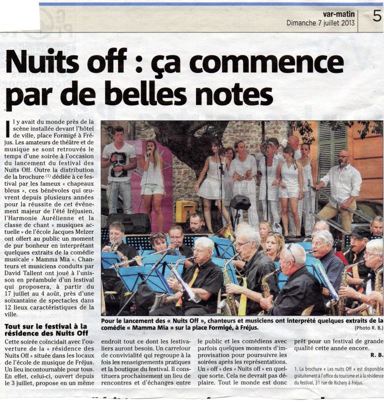 Var-matin du 7 juillet 2013 : "Nuits off : ça commence par de belles notes"
