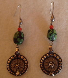 Boucles d'oreilles du Tibet en argent, turquoise et corail