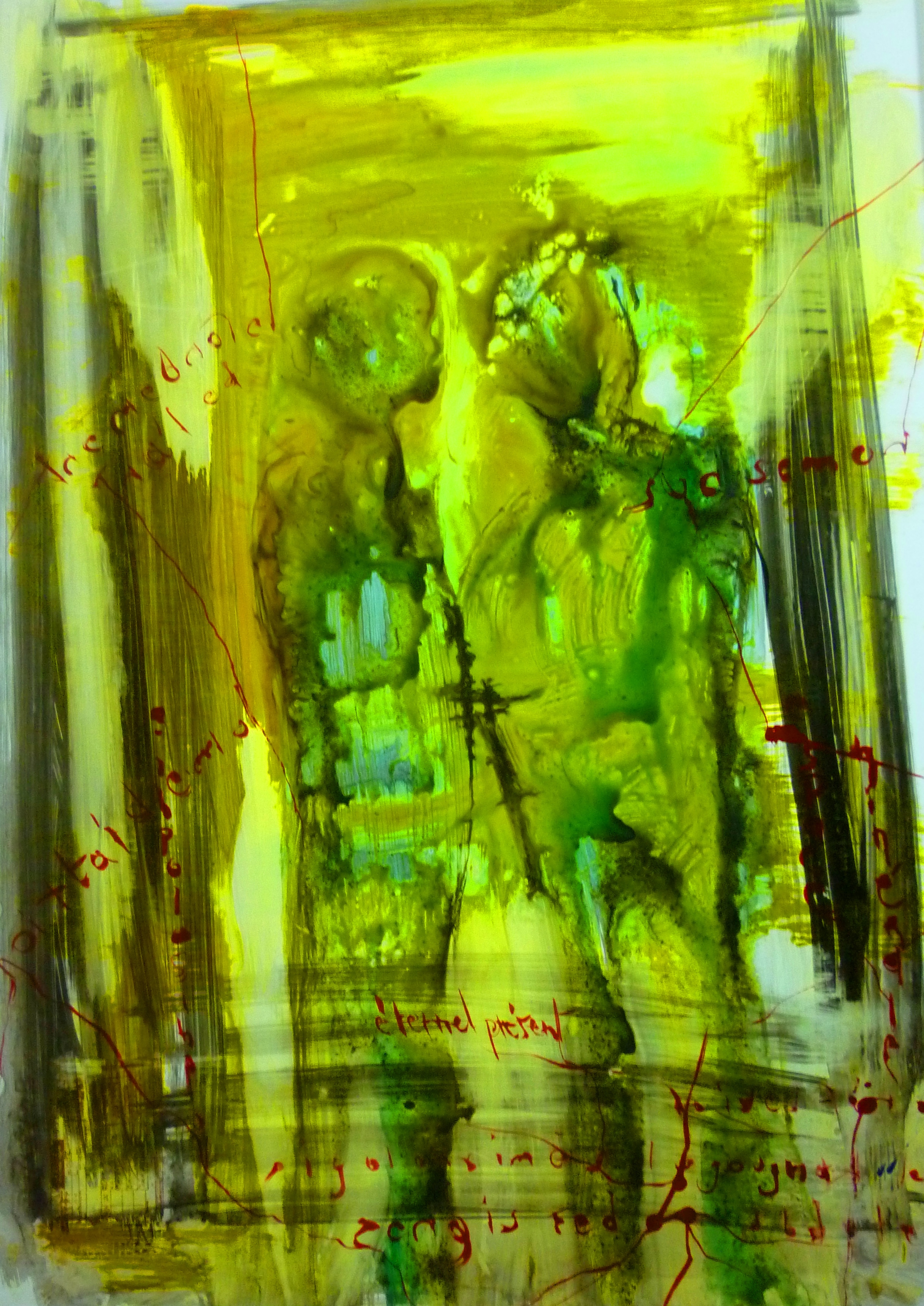 titre : "rencontre du 3ème type " encre sur papier lana, sous verre, 80*60 cm