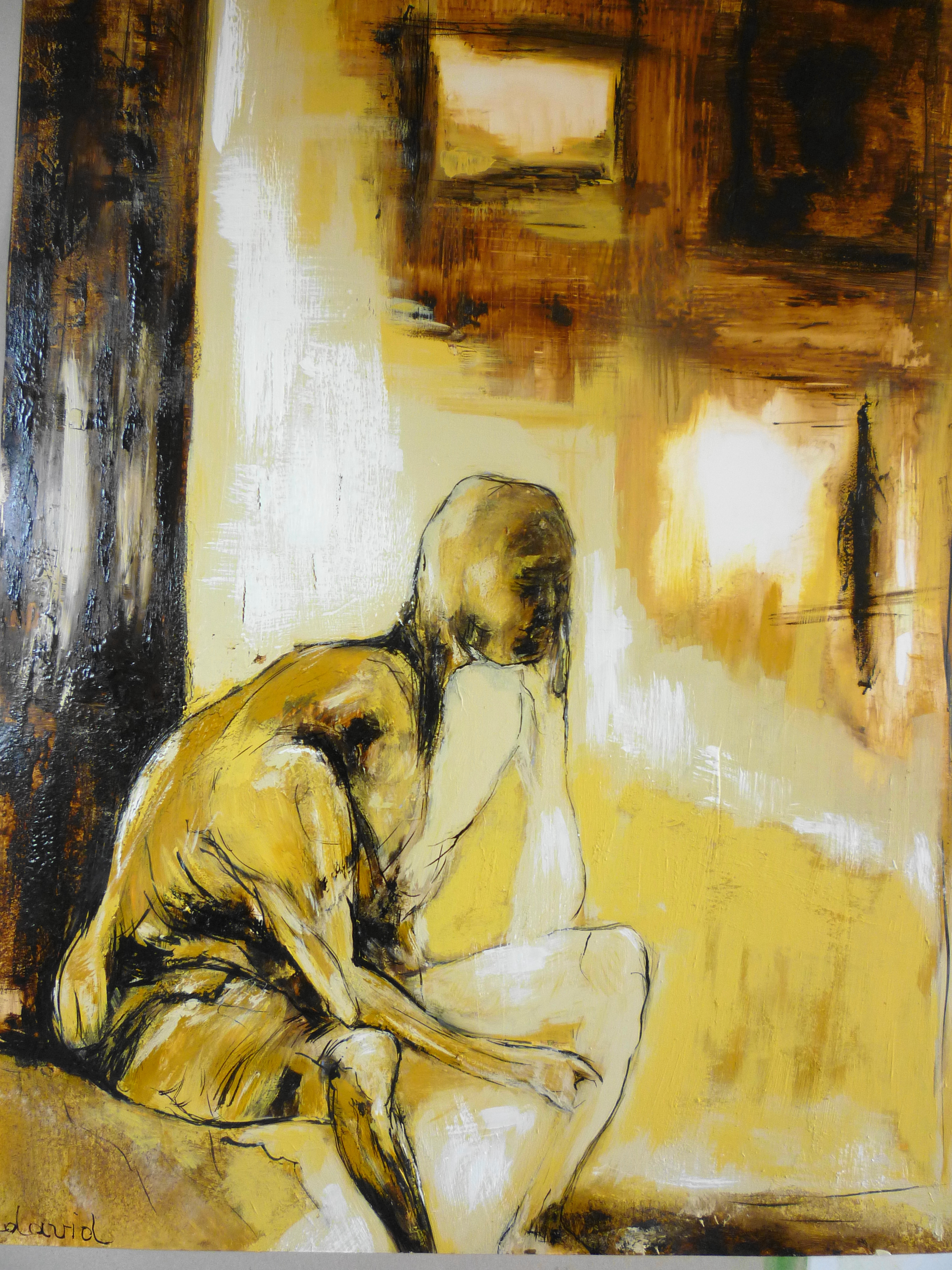 titre : "the thinking man "  encre sur papier lana sous verre 80*60 cm