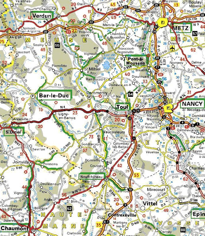 Carte de la Meuse, le chemin de grande randonnées GR714 à 2km (rejoint le GR14 à Bar-le-Duc et le GR7 à Vittel) 