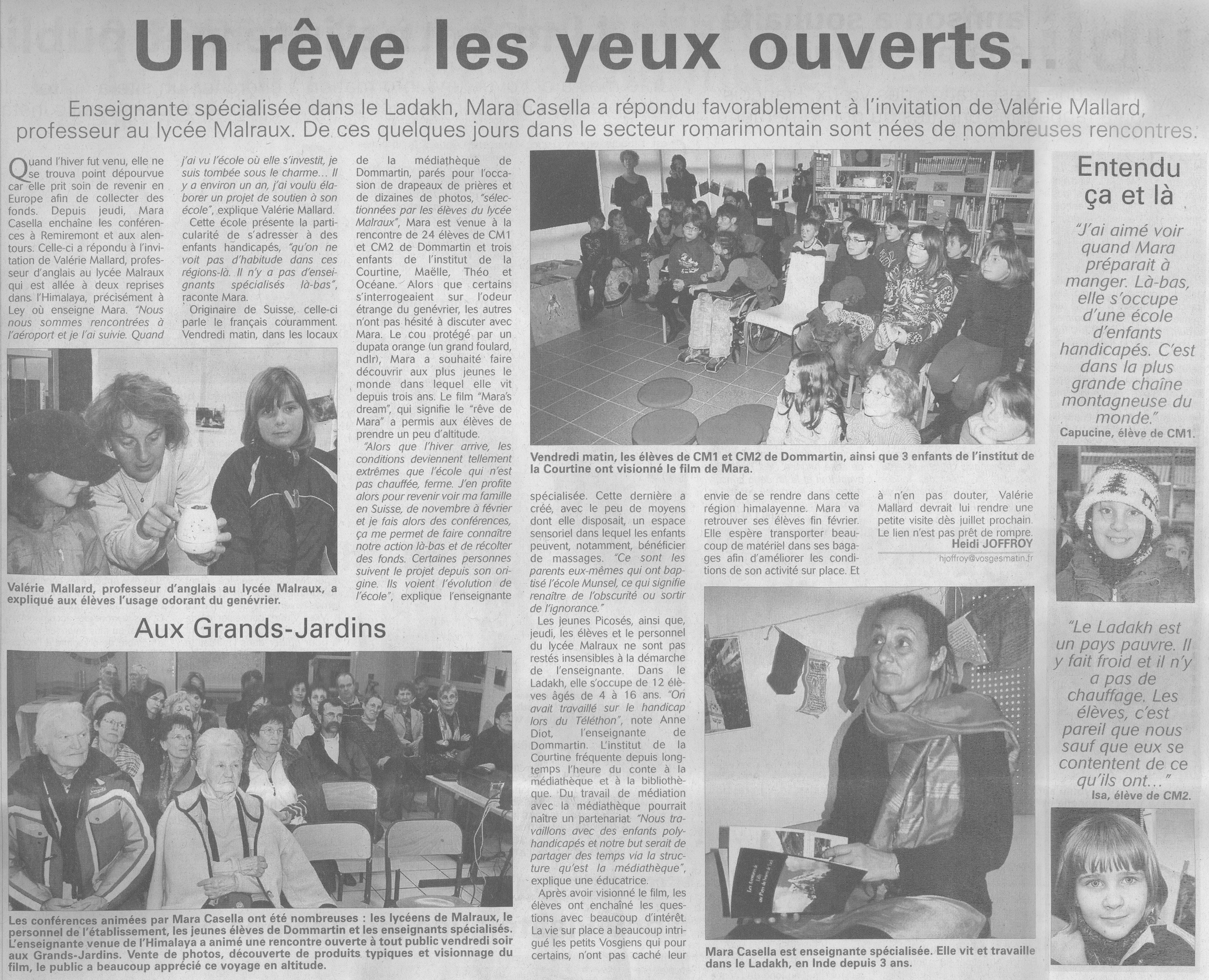 Article vosges matin du 24 janvier 2010 un reve les yeux ouverts maria casella 
